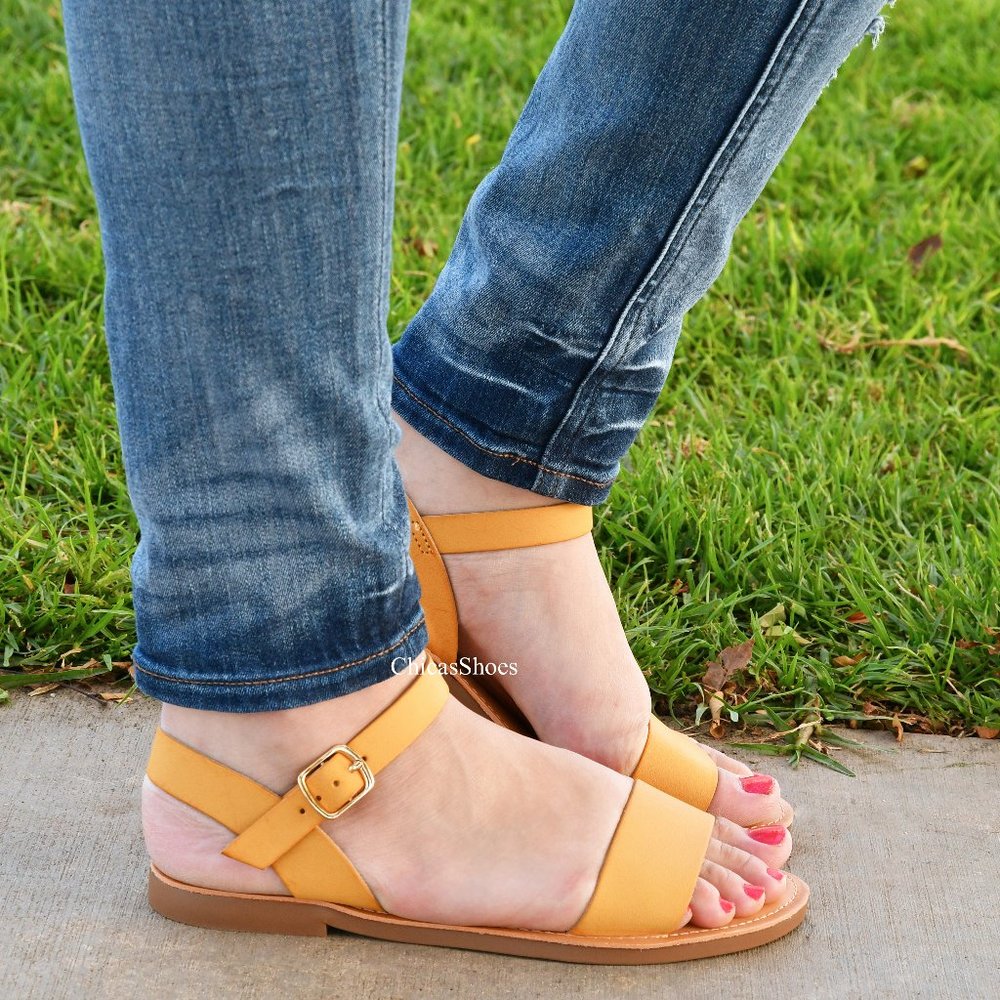 New Dk Mustard Ankle Strap Flat Summer Sandals